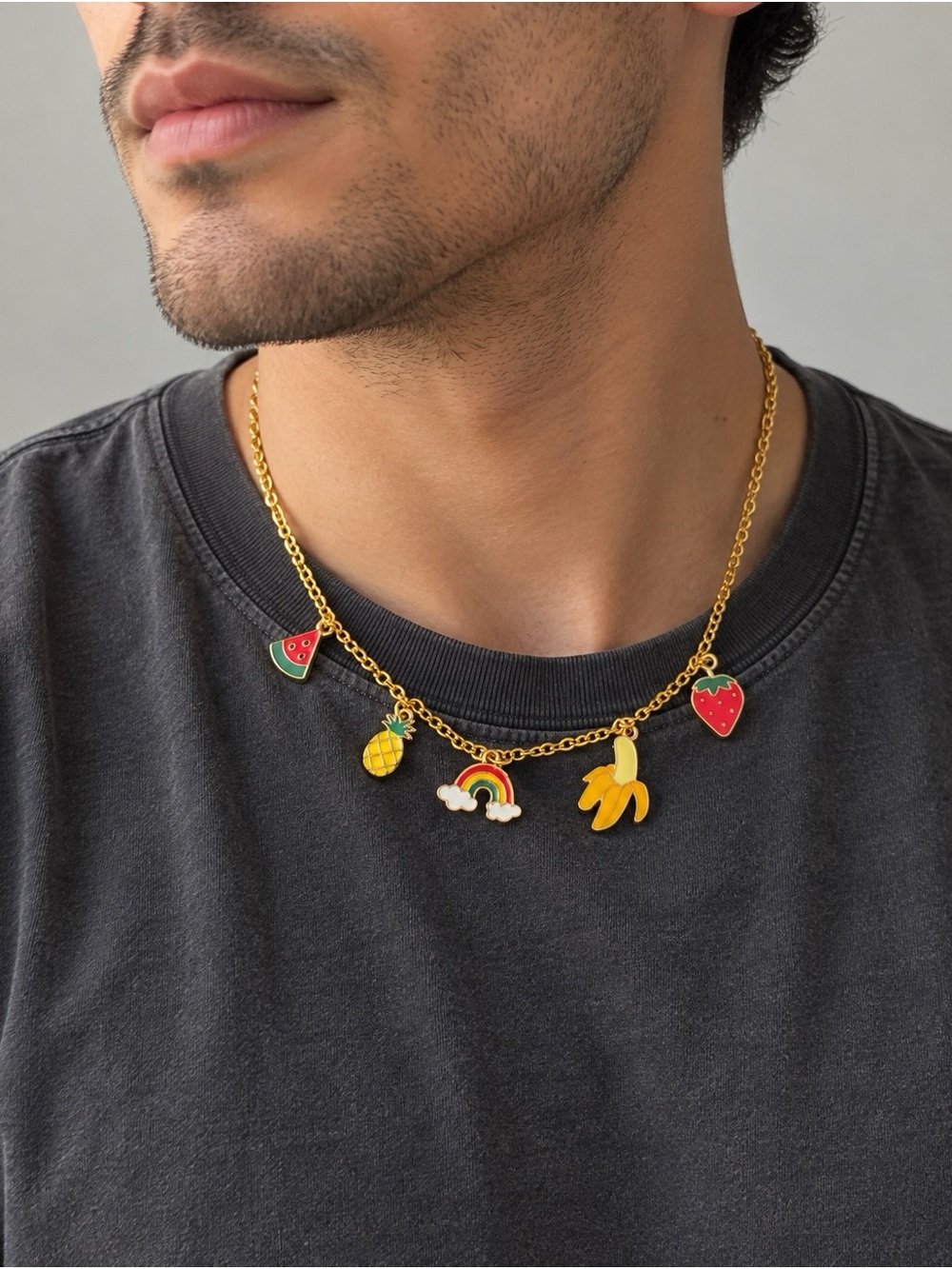 Gold-Tone Fruit & Rainbow Pride Charm Summer Necklace